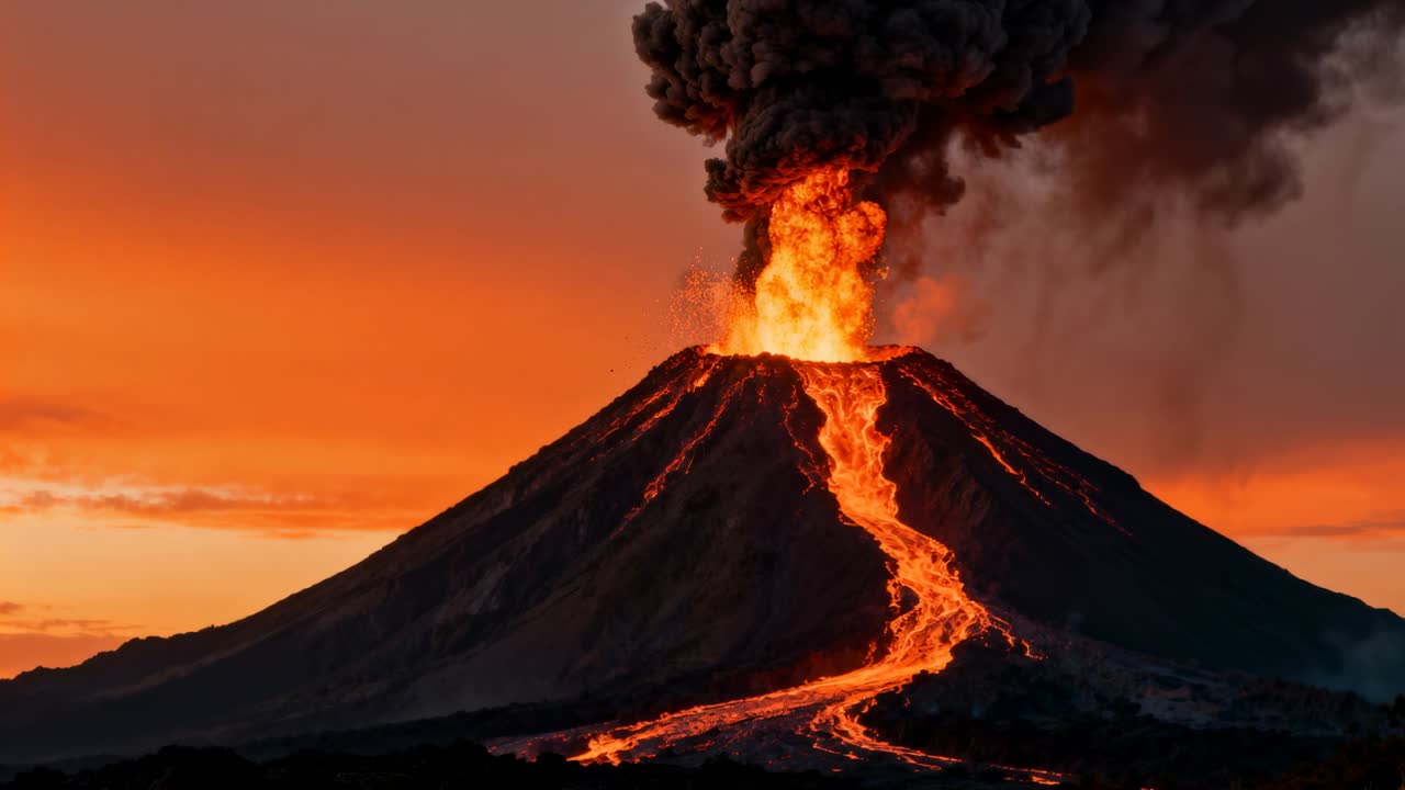 Stratovulcano in eruzione che emette fontane di lava dal cratere sommitale al tramonto, con pennacchio di cenere.