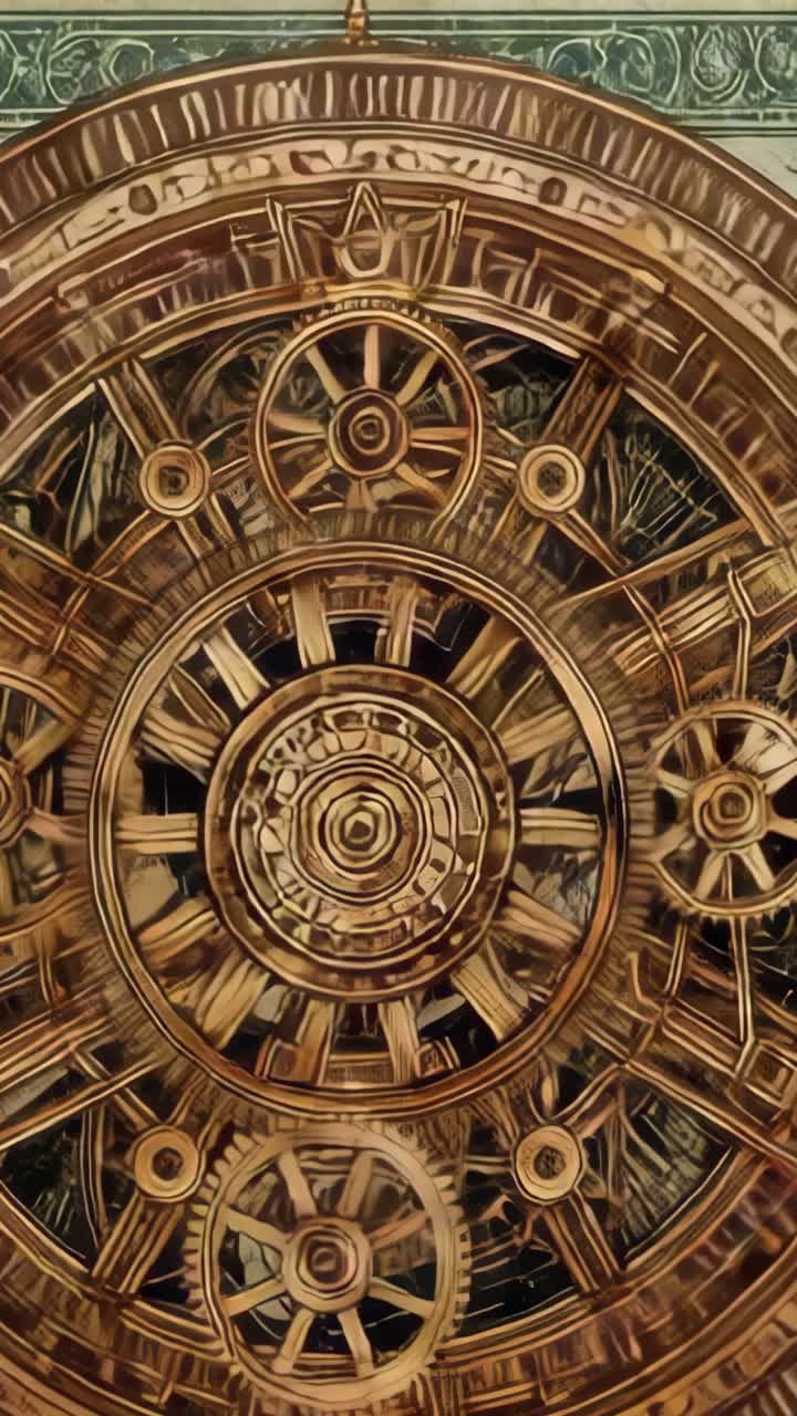 Vertical video: Starting gear assembly rotating in close-up, powering brass cogs with green border
