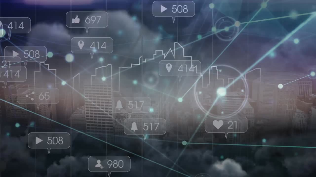 연결 네트워크와 소셜 미디어 아이콘의 애니메이션은 도시 풍경에서 점점 더 많은 수를 가지고 있습니다.