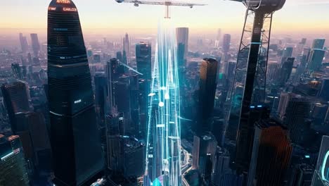 vista aérea del horizonte futurista con rascacielos iluminados por luces de neón digital al amanecer, con grúas de construcción y arquitectura moderna
