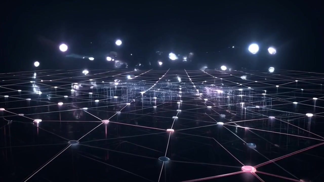 Abstract Digital Network Grid with Glowing Nodes and Floating Particles