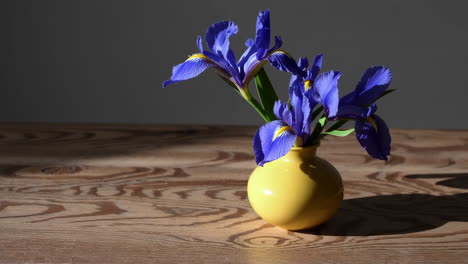 blue irises in a yellow vase on a wooden table