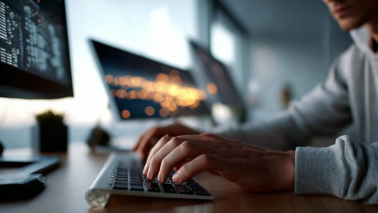 A Focused Programmer Engages in Coding at a Sleek Workspace with Modern Technology, Illuminated Screens, and a Calm Ambience – Capturing the Essence of Remote Work in a Stylish Environment