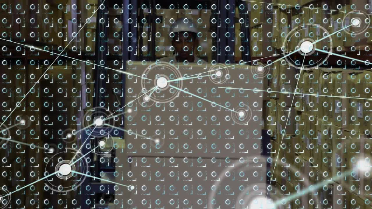 animación de la red de conexiones sobre filas de patrón móvil y hombre que trabaja en el almacén