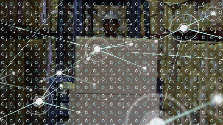 Animation of network of connections over rows of moving pattern and man working in warehouse