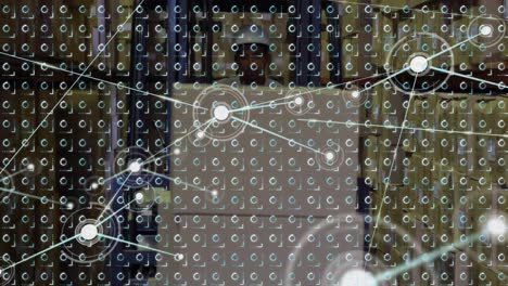 animation of network of connections over rows of moving pattern and man working in warehouse