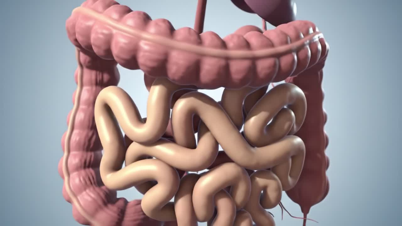 Detailed Anatomical Overview of the Digestive System Highlighting the Structure and Functionality of the Intestines in a 3D Visualization Format