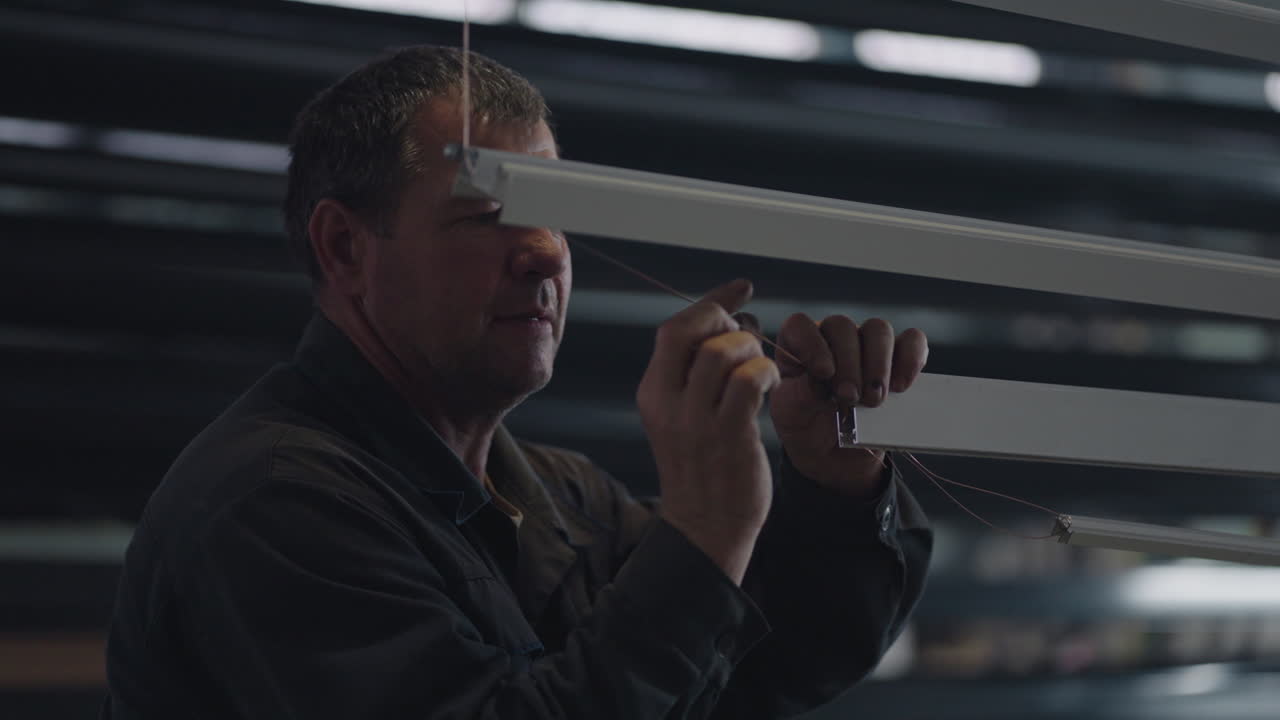 un trabajador de la fábrica atornilla el perfil y prepara el metal para la pintura.