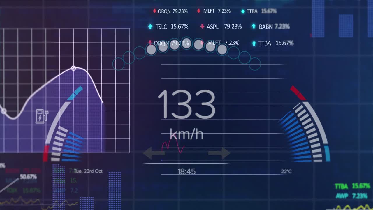 animación del velocímetro sobre el procesamiento estadístico y del mercado de valores contra un fondo azul