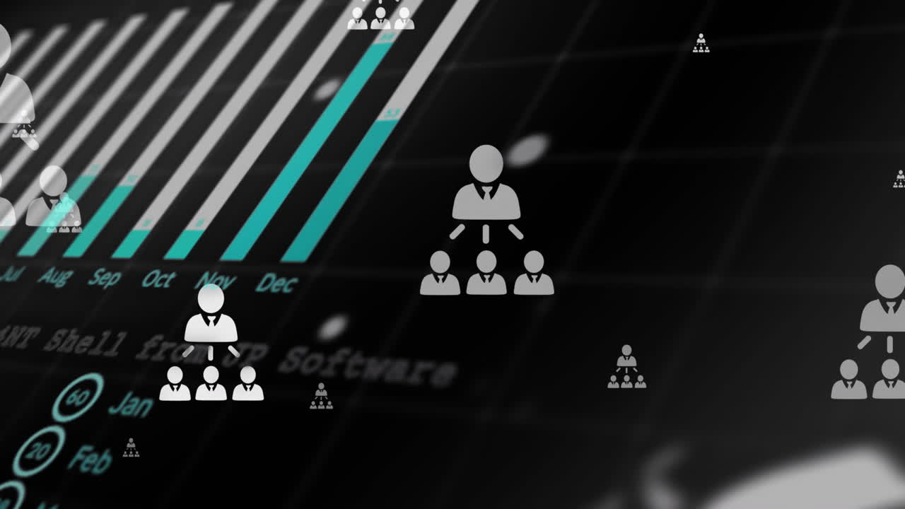 Animation of financial data processing with globe and business icons on black background