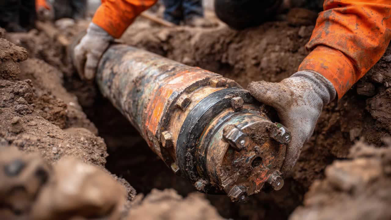 A Worker Safely Extracts a Large, Metal Pipe from the Ground, Ensuring Precautions During Hazardous Material Handling in a Construction Site Environment