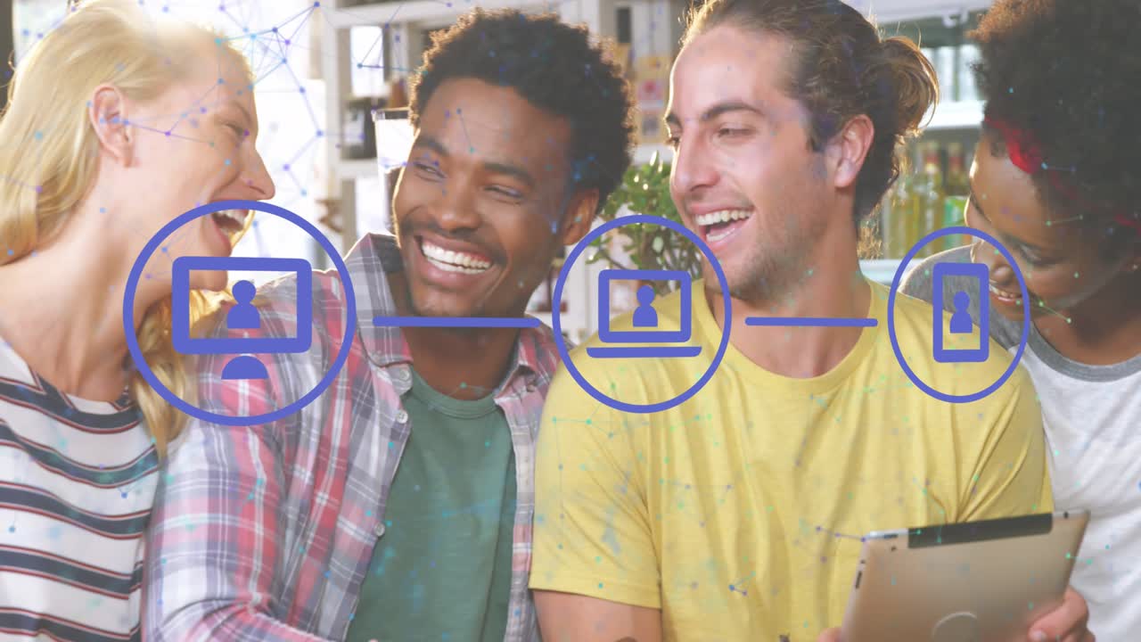 Animation of network of connections over happy diverse students using technology at children