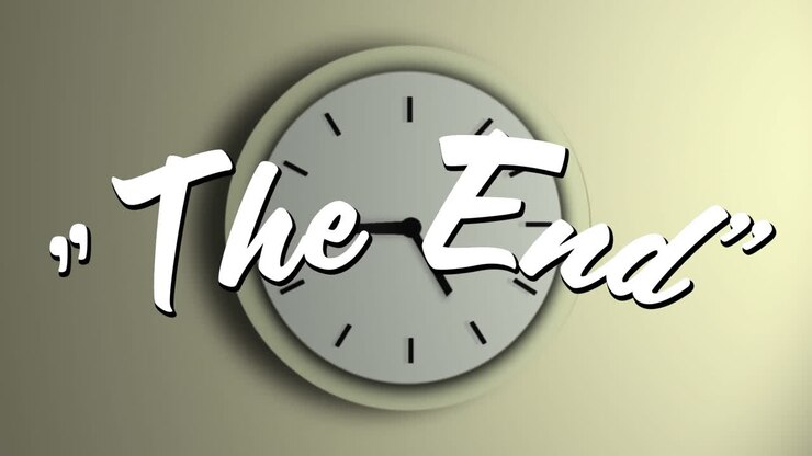 Running analogue clock behind a the end sign