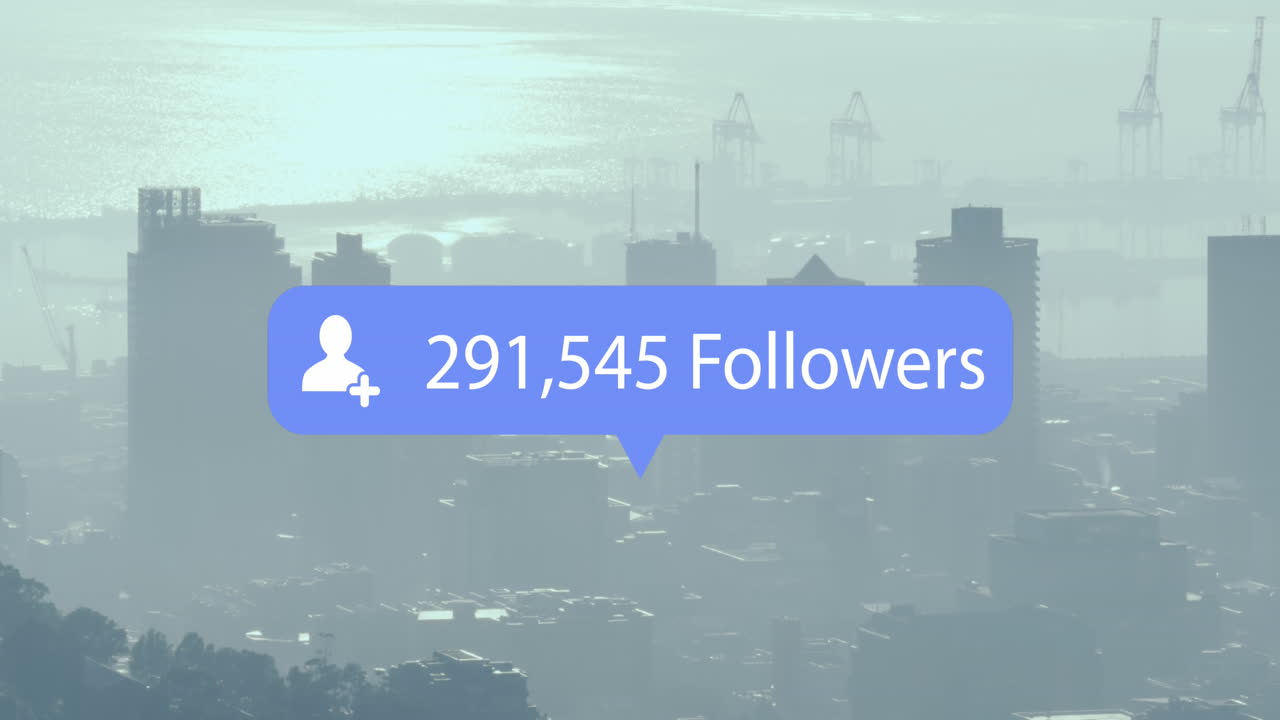 Animation of social media icon and data processing over cityscape