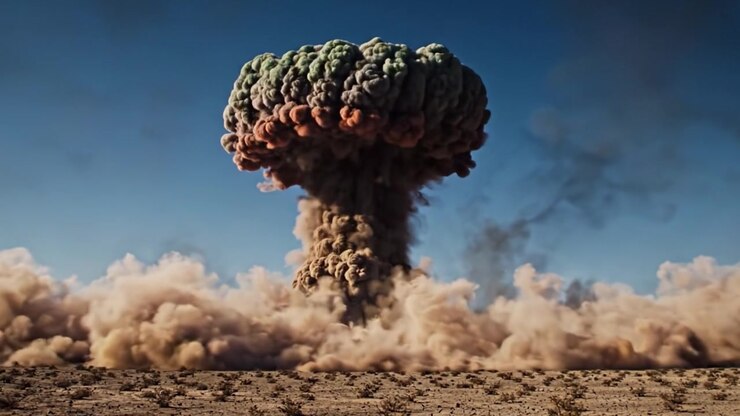 An Intense Detonation in the Desert: Capturing the Moment of an Explosive Blast Rising into the Sky, Creating a Dramatic Mushroom Cloud Over the Arid Landscape