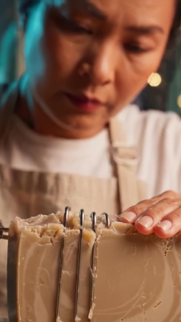 Creazione di Sapone Artigianale: Un Processo Dettagliato Dimostrato da un Artigiano che Utilizza un Tagliasapone per Creare Barrette di Sapone Naturale di Dimensioni Perfette.