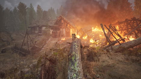 burning wooden house in old village