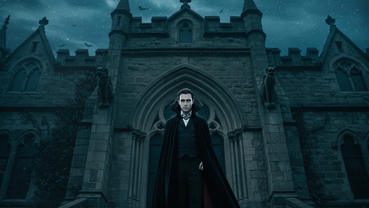 A dark and captivating figure stands confidently before a majestic gothic castle, embodying the essence of mystery and allure under a starry night sky while exuding an eerie charm