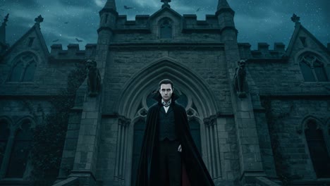 a dark and captivating figure stands confidently before a majestic gothic castle, embodying the essence of mystery and allure under a starry night sky while exuding an eerie charm
