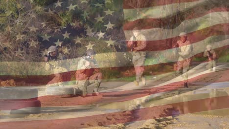 animation of flag of usa over diverse soldiers