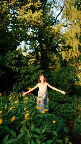 young girl joyfully playing in a lush summer garden