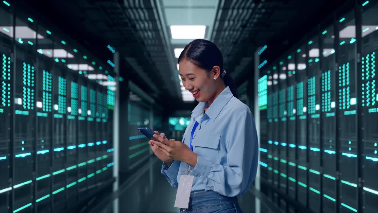 Side View Of Asian Female With Her Smartphone In Server Room Data Center, Checking On Her Smartphone With Meditation