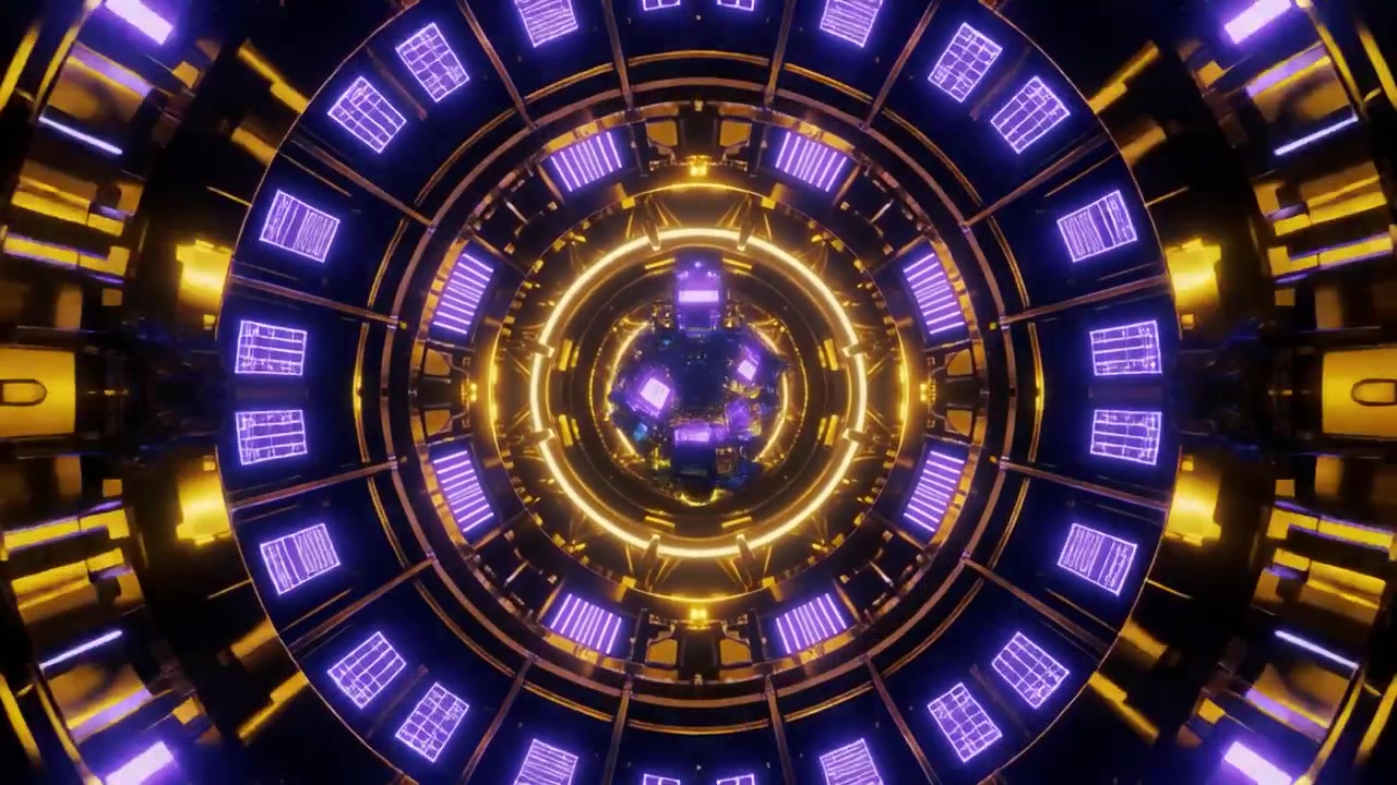 Animazione futuristica di un tunnel circolare dorato e viola