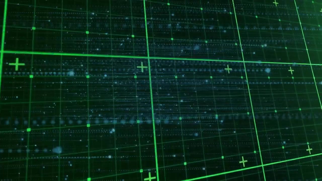 On playback start, network grid tilting while nodes pulsing and data scrolling to visualize traffic