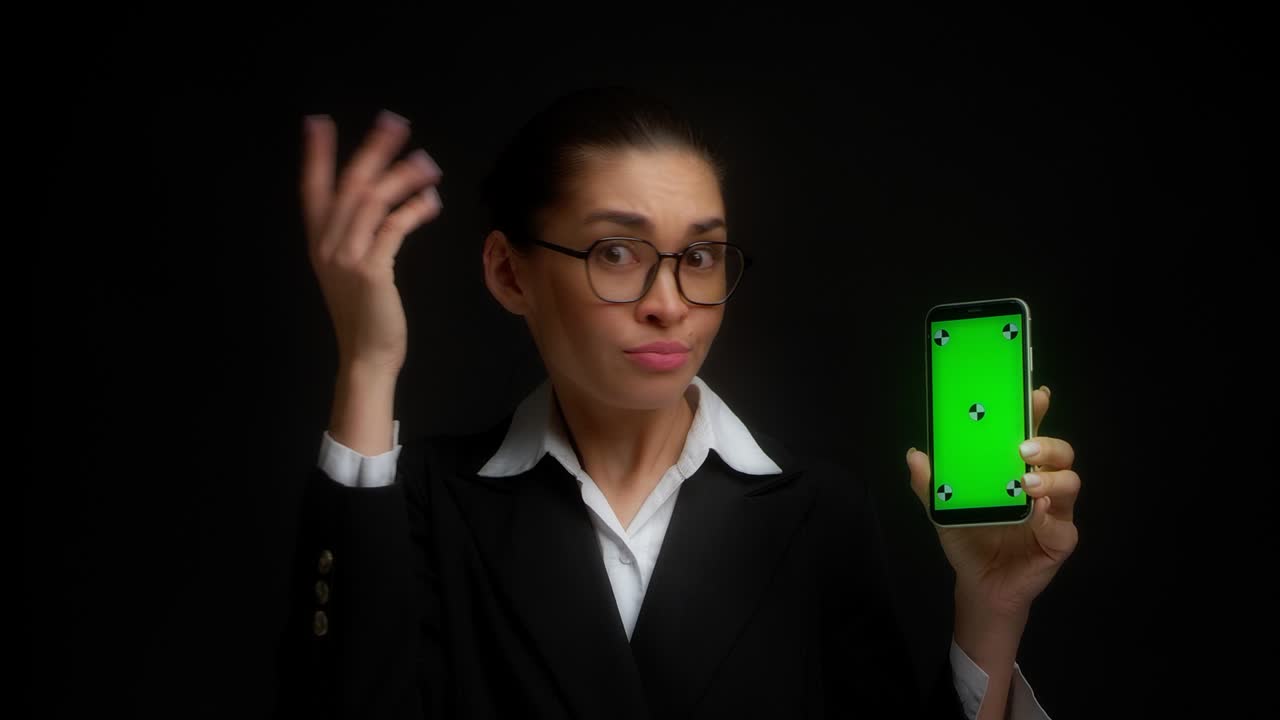 Business woman holds a smartphone green screen and shrugs, i don't know