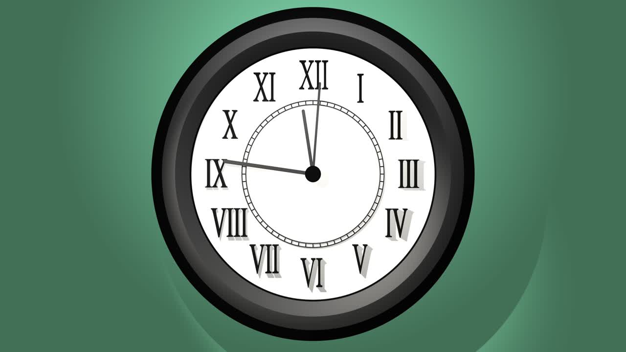 animación de reloj de pared con manilla de minutos, muestra los últimos 20 minutos hasta las 12 horas