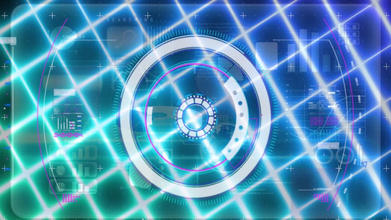 파란색 배경에 빛나는 격자와 함께 범위 스캐닝과 데이터 처리의 애니메이션