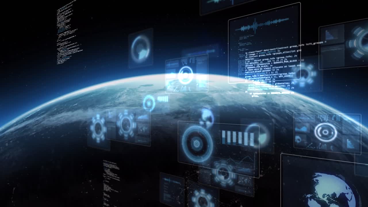Animation of scopes scanning and data processing on screens over globe with glowing horizon