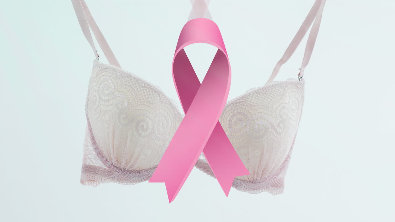 Animazione di un nastro rosa su un reggiseno su sfondo bianco