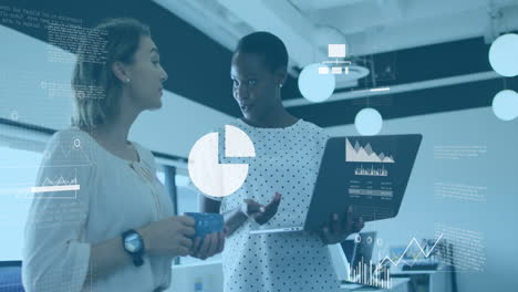 Animation-of-statistical-data-processing-over-two-diverse-women-discussing-over-laptop-at-office