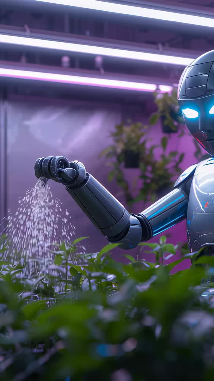 Vertical video: Frame starting robot watering plants for care in grow lab with nozzle, copy space