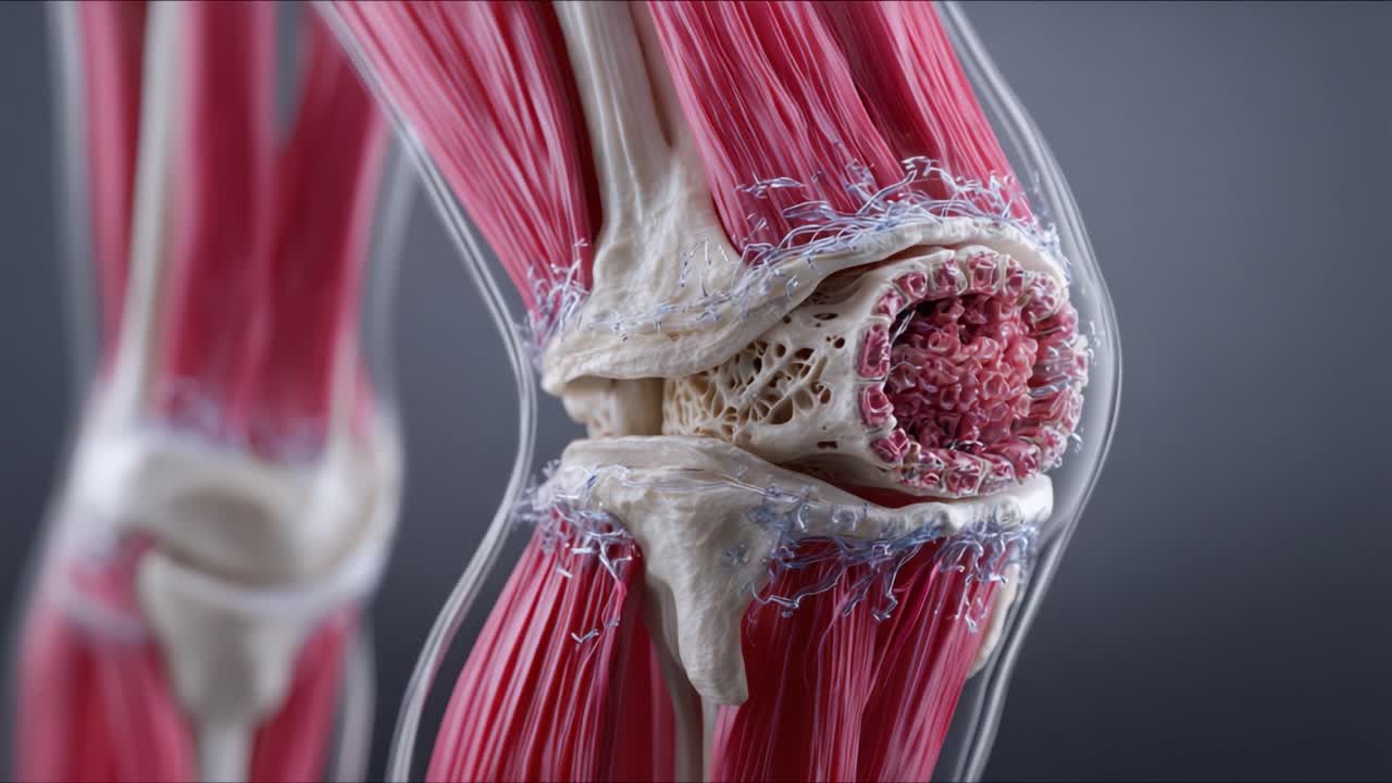 En Detaljeret Anatomisk Visualisering af Knæleddet, der Fremhæver Muskler, Sener og Bindevæv i Fantastisk Klarhed og Realisme