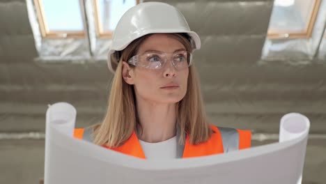 portrait of thoughtful talented pretty female architect analyzing blueprint in modern building standing at window. busy concentrated adult woman looking at architectural plan thinking. talent concept.