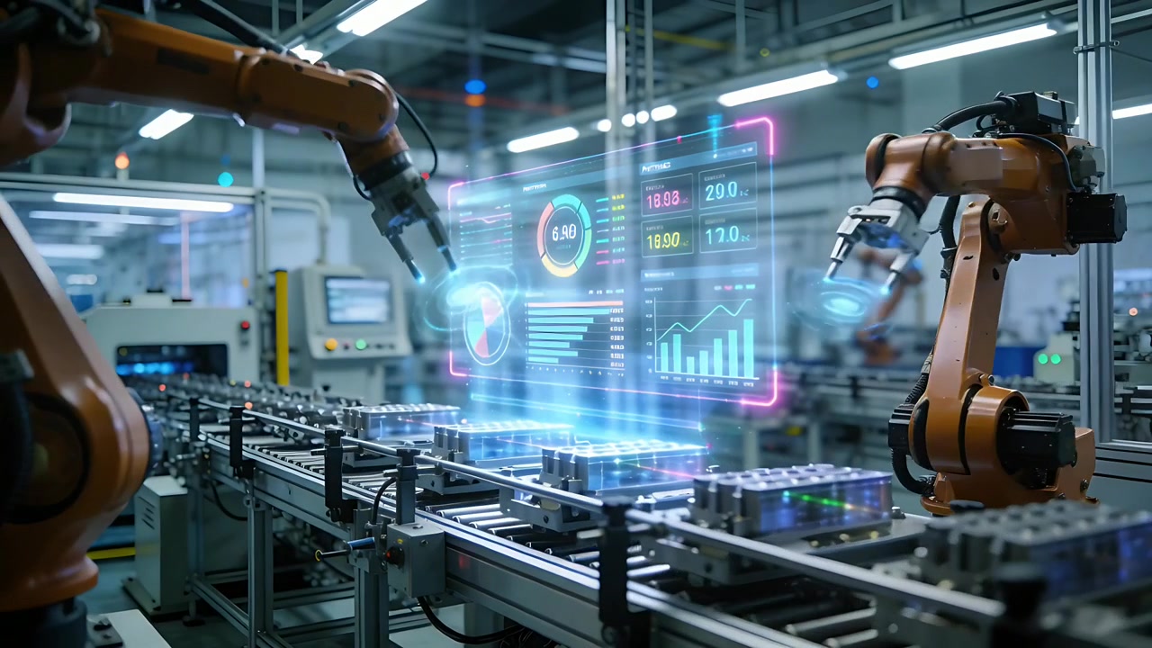 Reacting to holo alert, two orange robotic arms picking cells on line, tech in workwear watching