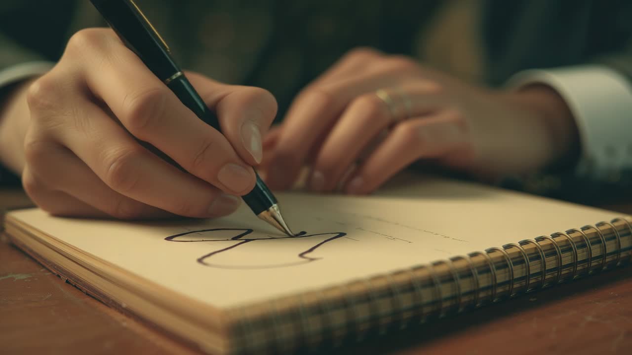 Opening closeup right hand in suit grabbing pen and drawing signature on spiral notebook at desk