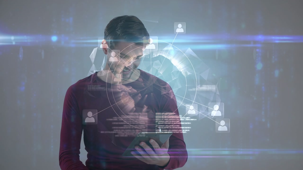 Animation of digital screen with globe and connections over happy caucasian man