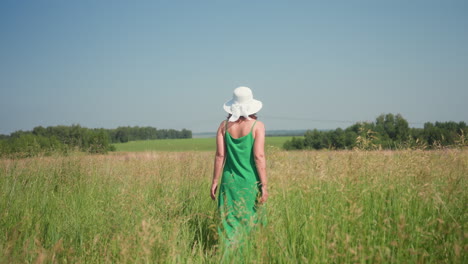 back view of woman strolling through tall green grass swaying in gentle breeze wearing flowing summer gown and wide brim white hat under clear blue sky with distant tree line and pylons on horizon