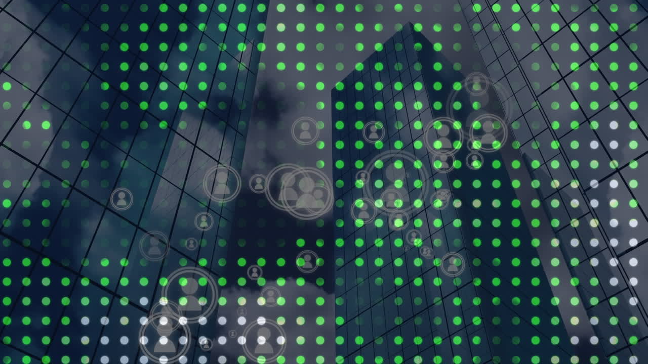 animación de la red de conexiones con iconos sobre la ciudad