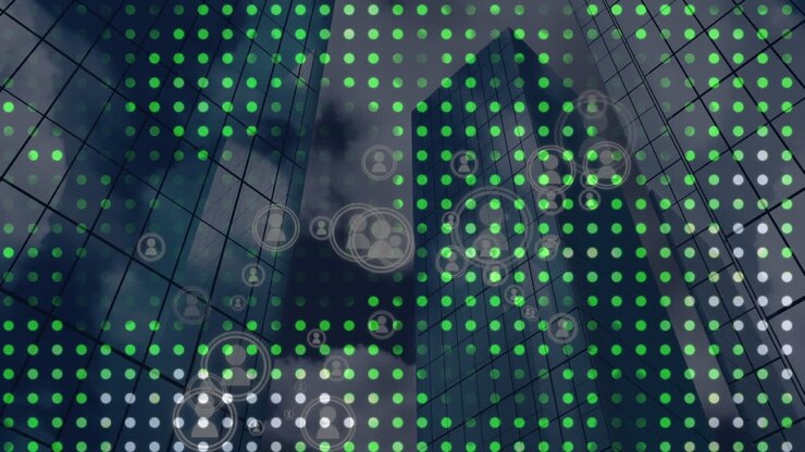Animazione di una rete di connessioni con icone sopra una città