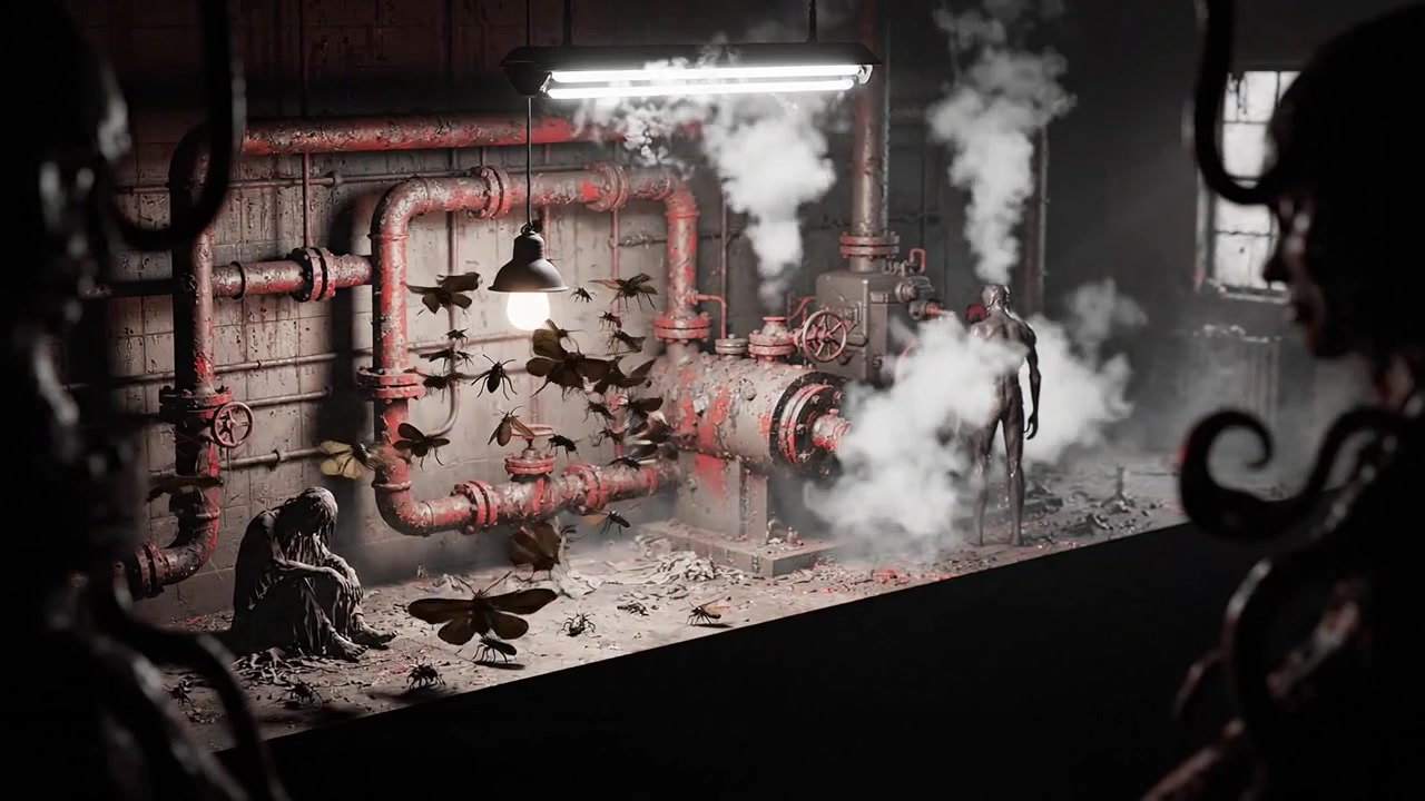 Scena industriale surreale con figure, tubi e insetti sciamanti in mezzo a un'atmosfera oscura di mistero e disperazione in uno spazio abbandonato