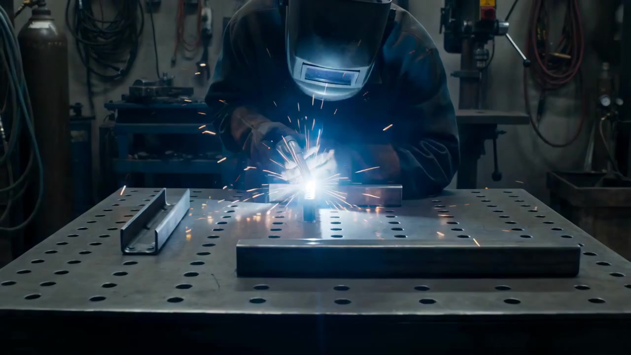 Metalworker performing arc welding on clamped steel piece at perforated worktable, with bright sparks, glowing weld point, protective gear, and moody industrial light, with welding, arc, spark