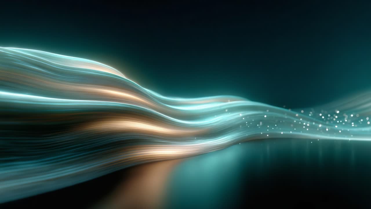 A mesmerizing visual journey through flowing luminescent waves of light and color, showcasing a serene interplay of shimmering particles against a dark backdrop