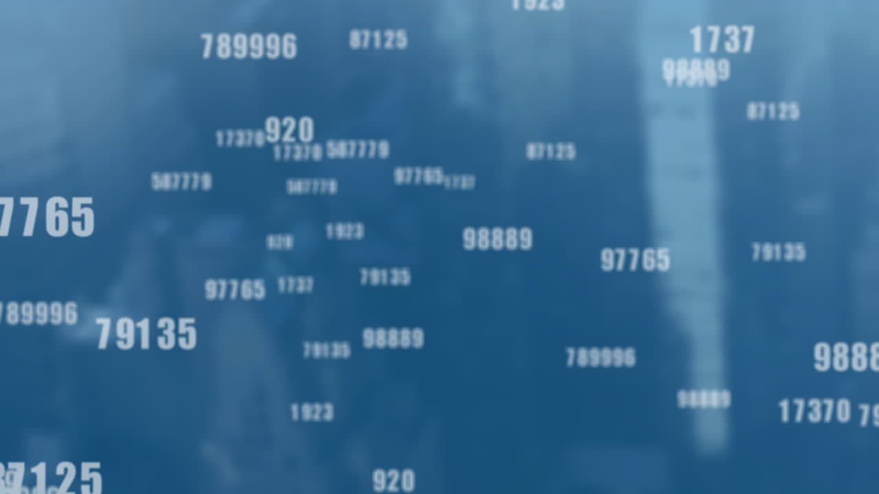 Animation of floating numbers over blue background, representing data or statistics