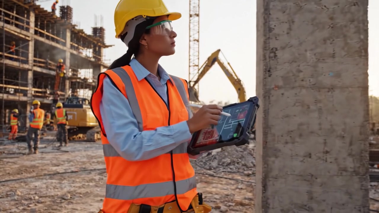 A Construction Site in Motion: Engineers and Workers Collaborate on Modern Development Project with Advanced Technology in the Background