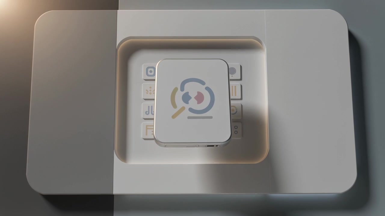 Activating tray sliding small square device centering on display over recessed grid to seat flush