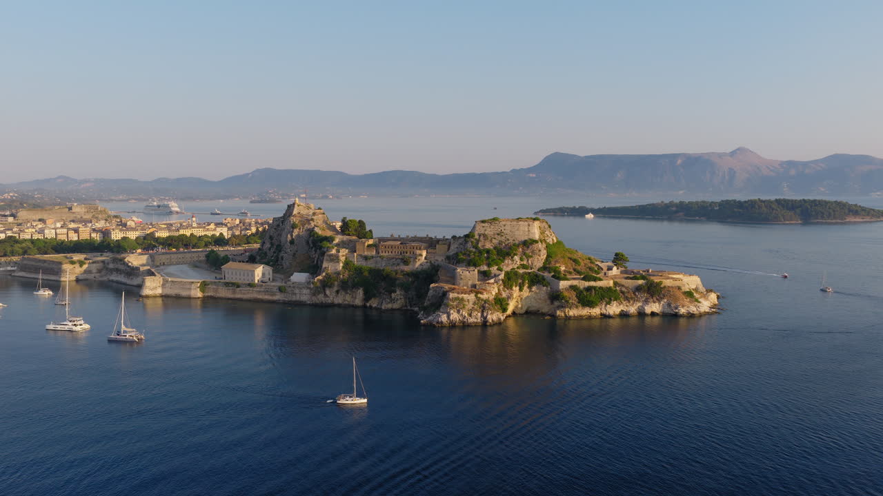 The Old Fortress of Corfu during sunrise, Ionian Sea, Drone shot